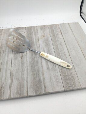 Vintage Ekco Short Spatula Slotted 10 1/2"  Cream Handle Chromium Plated